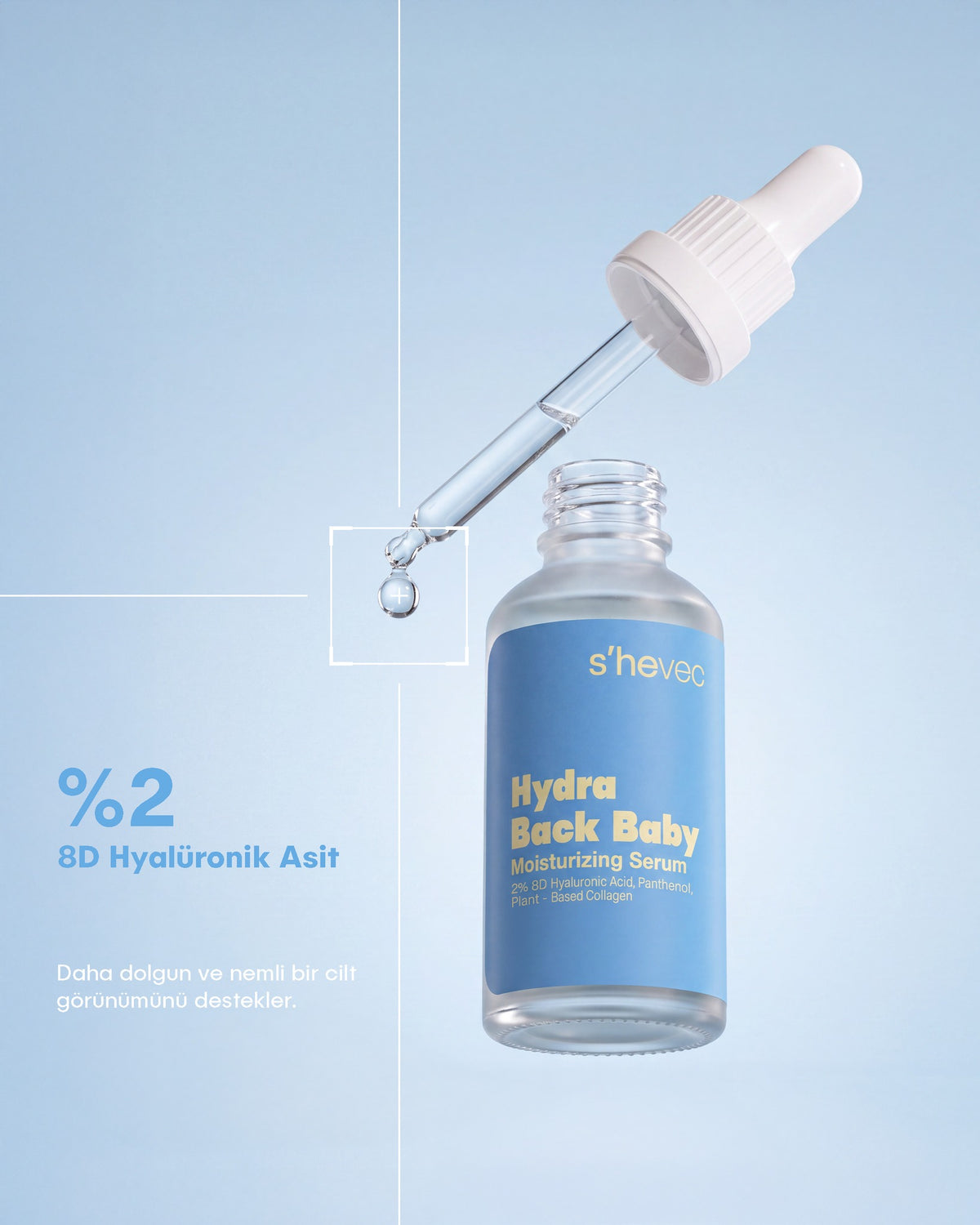 Hydra Back Baby nem serumu, damlalıktan düşen serum damlası; mavi zeminde