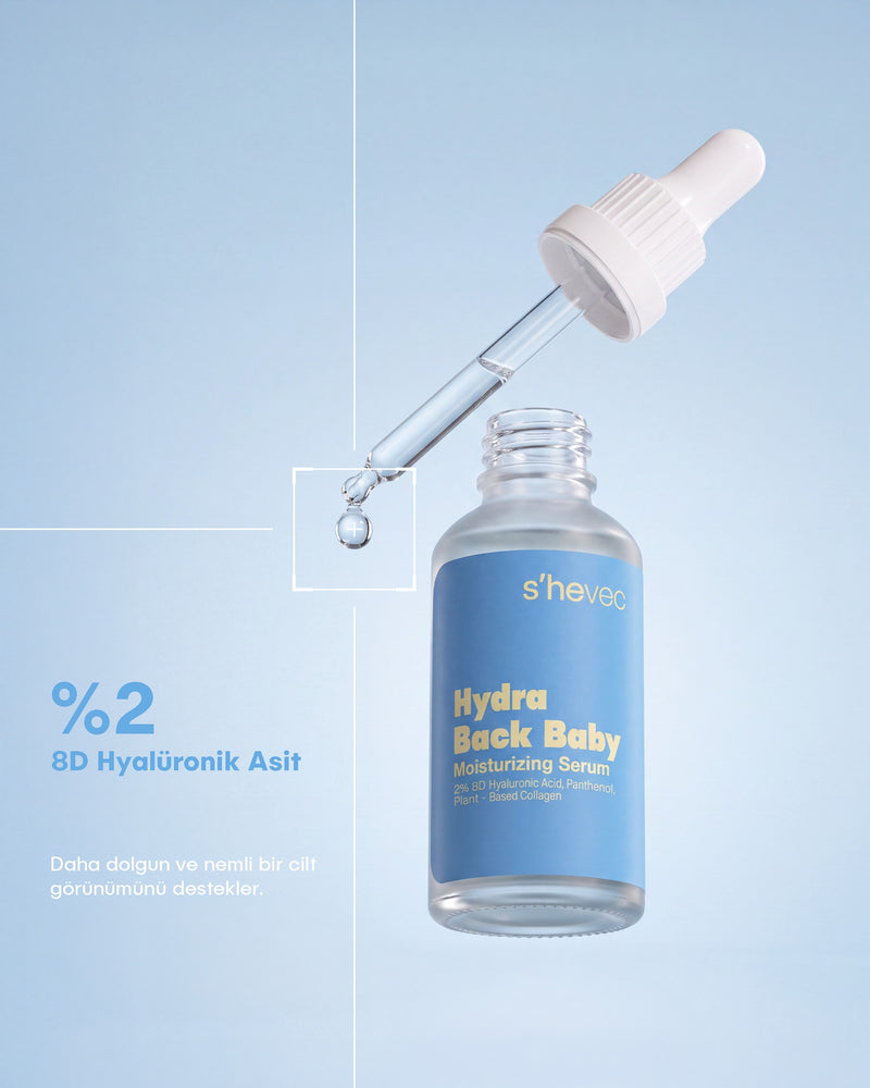 Hydra Back Baby nem serumu, damlalıktan düşen serum damlası; mavi zeminde