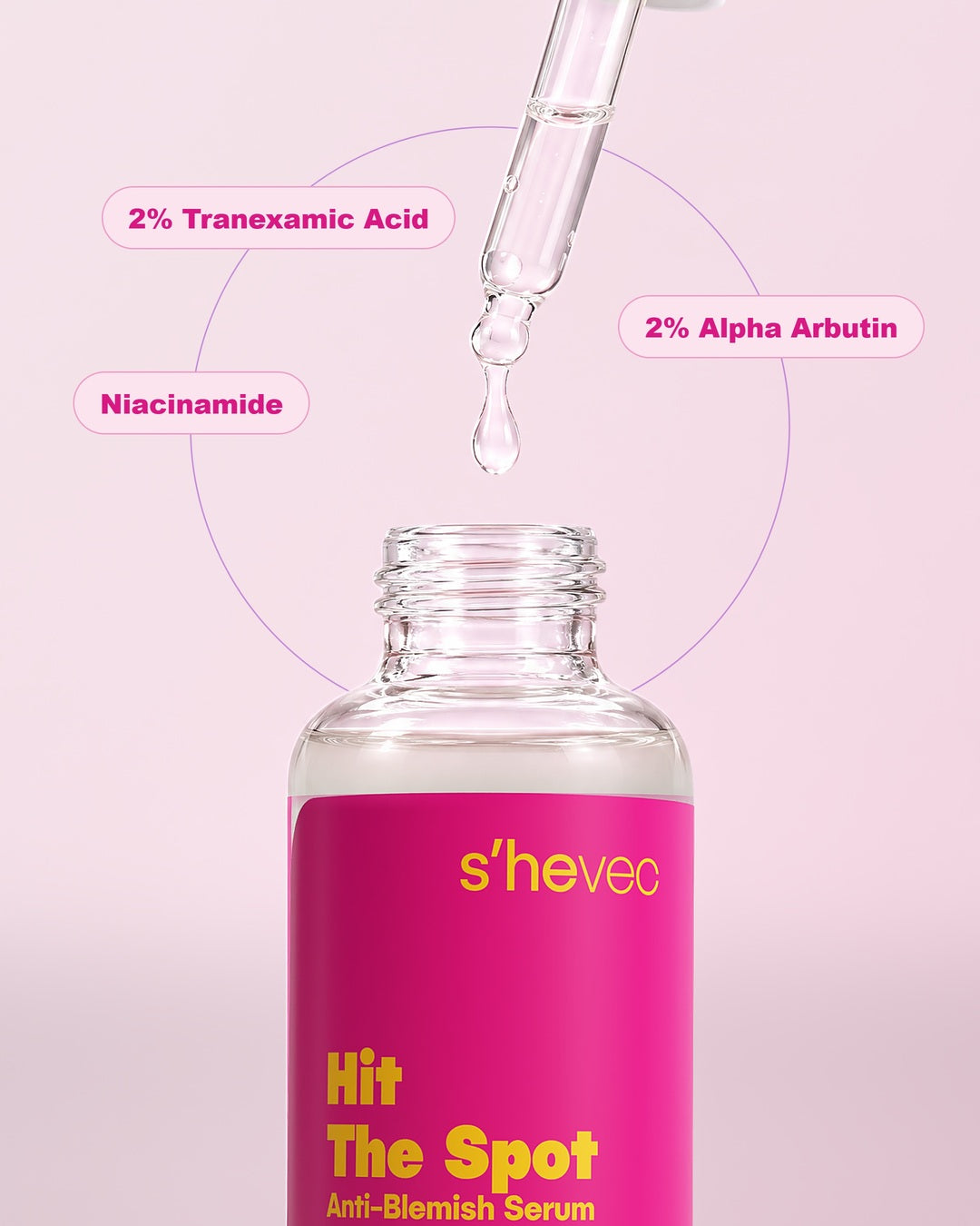 Hit The Spot leke serumu, damlalıktan damlayan serum; Traneksamik Asit, Alfa Arbutin ve Niacinamide yazıları